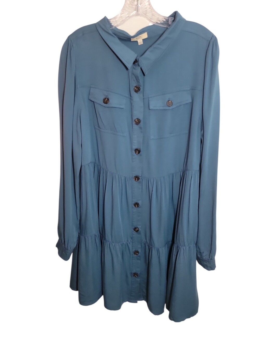 Kori America blue tiered button front long sleeve shirt dress women's size large